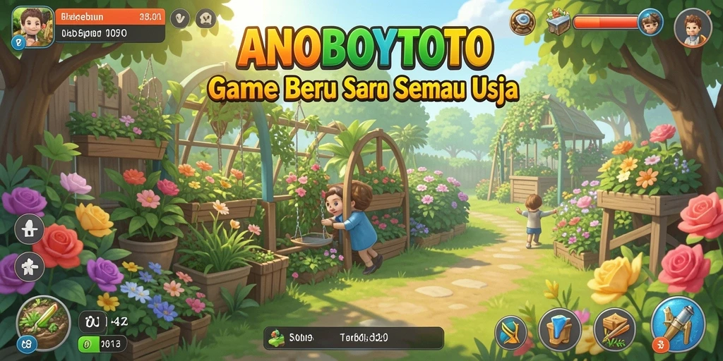 Screenshot gameplay ANOBOYTOTO, menampilkan ladang yang subur dan beragam tanaman.
