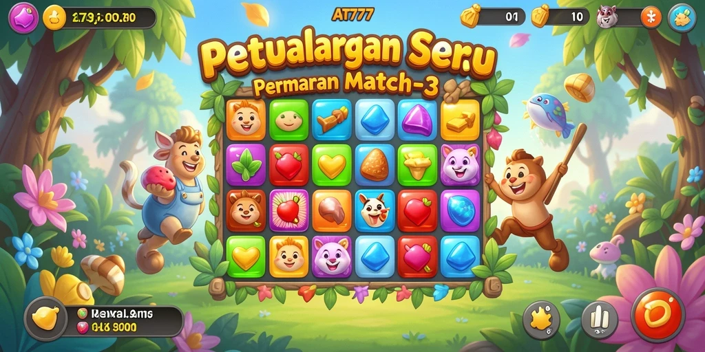 Tampilan gameplay AT777 yang penuh warna dalam permainan Match-3.