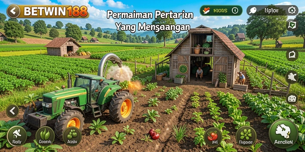Gameplay BETWIN188 menunjukkan kebun yang subur dan aktivitas bertani.