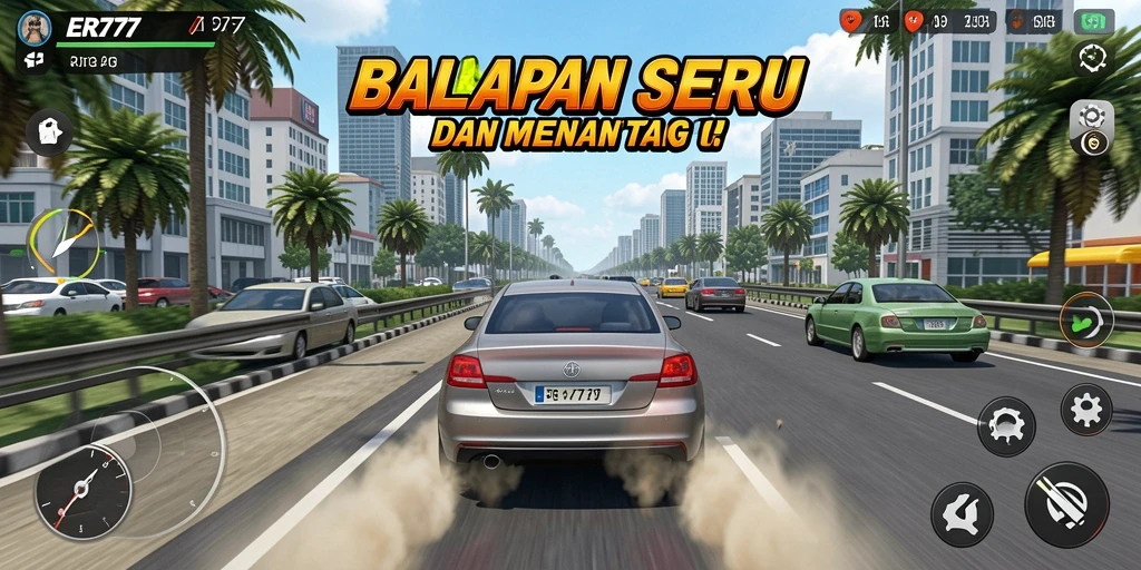 Gameplay ER777 menampilkan mobil balap melaju kencang di trek mendebarkan.