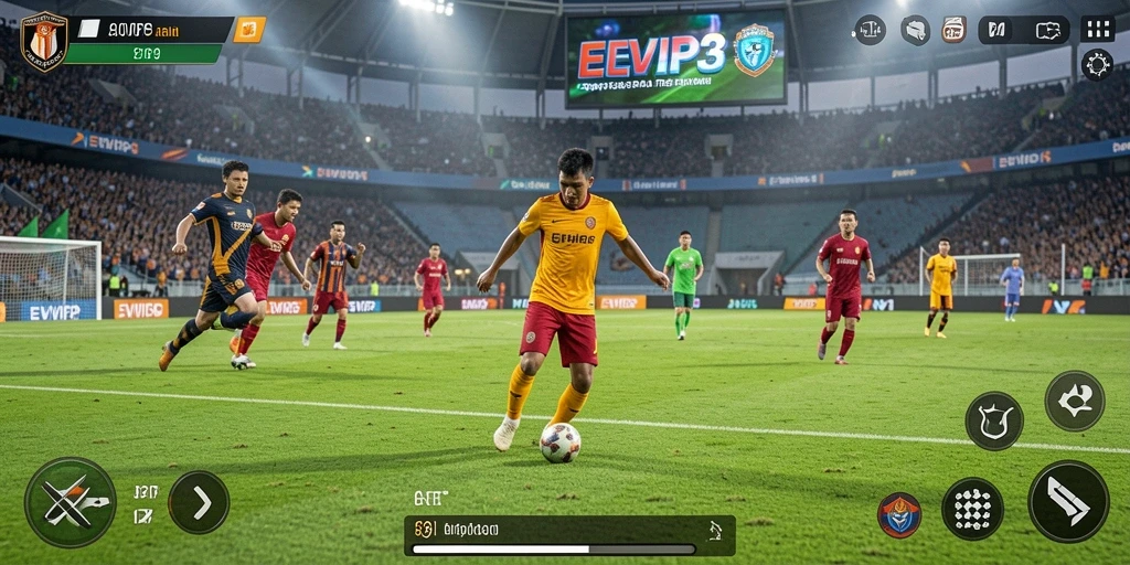 Tampilan utama EVIP3 yang menunjukkan aksi permainan sepak bola.