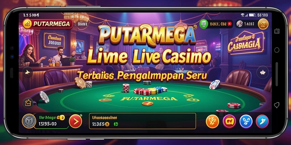 Screenshot gameplay PUTARMEGA dengan dealer langsung dan suasana kasino.