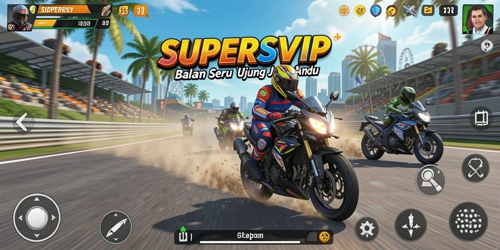 Screenshot gameplay SUPERSVIP menampilkan aksi mendebarkan dari balapan motor.