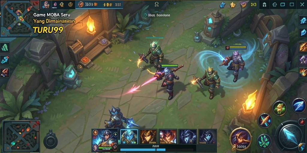Menggambarkan pertarungan seru dalam game MOBA TURU99.