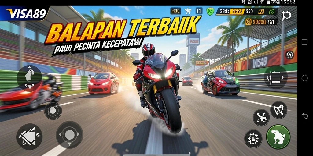 Screenshot utama memberikan tampilan aksi balapan motor yang mendebarkan.